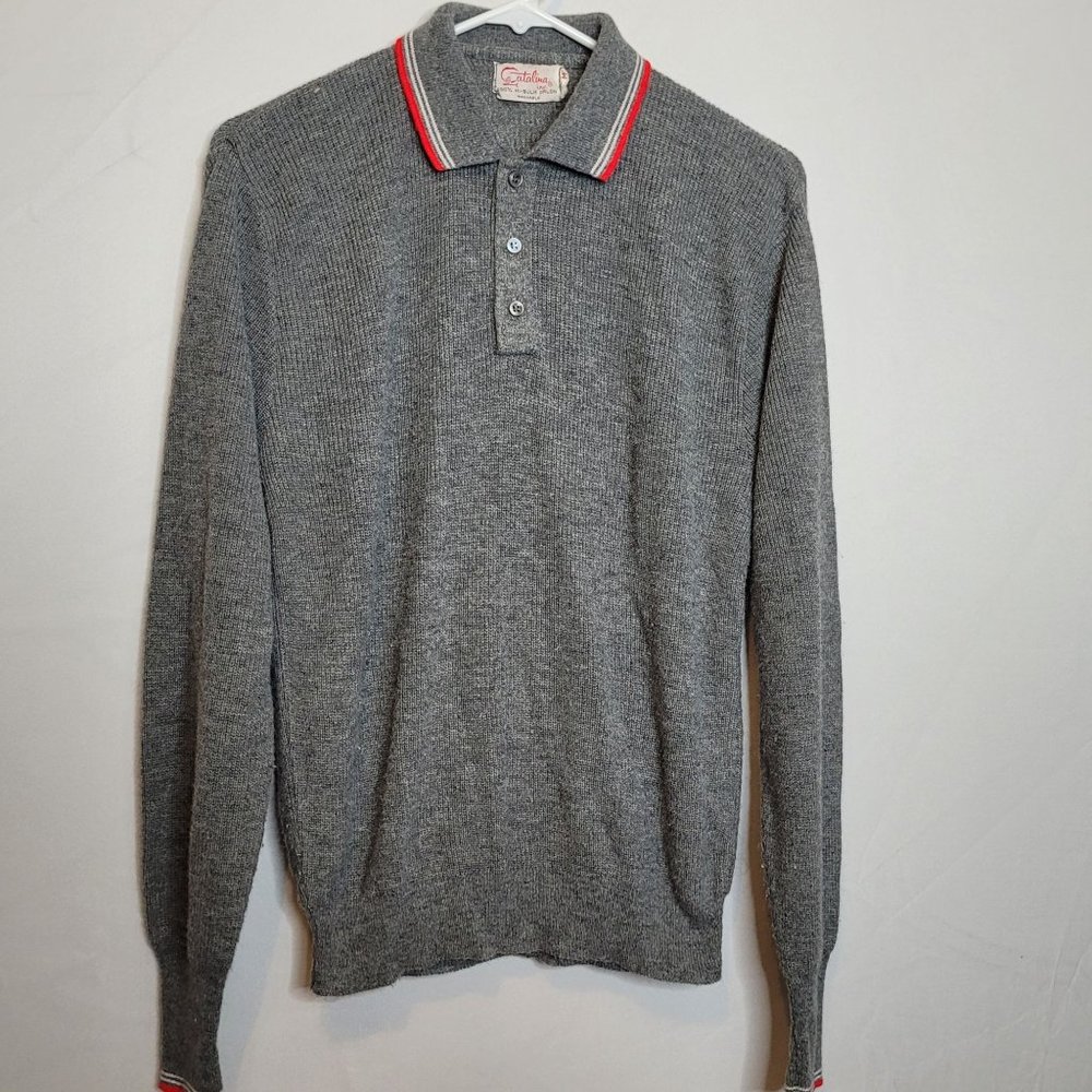 Vintage Catalina Sweater Pullover Collared Quarter Button Gray Red Trim Size Med